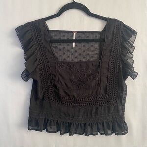 Free People Black Lace Sleeveless Top Boho Blouse Sheer Square Neck Small READ